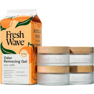 Fresh Wave Odor Removing Gel Eco-Refill, 63 oz. Orange Scent | 4 Empty Refillable Glass Jars | 4 Room Set