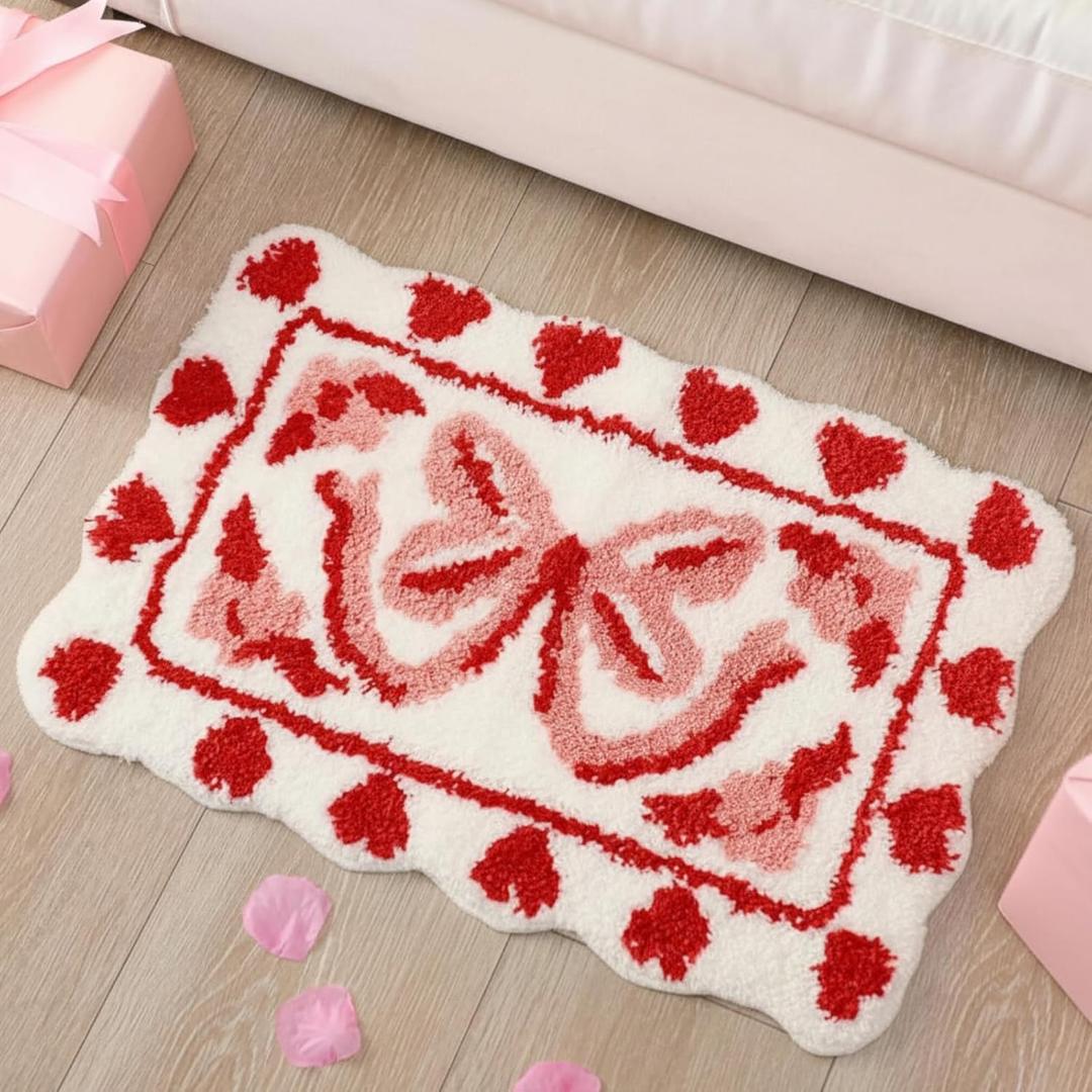 Valentine's Day Bath Rugs, Red Heart Bow Area Rugs for Bathroom, Kitchen, Bedroom, Non-slip Microfiber Washable Bath Mat, Valentine's Soft Absorbent Bathmat for Anniversary Home Decor, 20x30 Inch (16 * 24in)