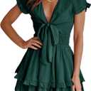PRETTYGARDEN Women Summer Short Dress 2026 Casual V Neck Short Sleeve Tiered Bow Mini Sun Dresses Beach Vacation Sundress (Black, M)