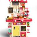 Kitchen Playset for Boys & Girls, Kid Play Kitchen with Realistic Lights & Sounds, Spray Sink Toy Kitchen Accessories, Pretend Food Toys Kitchen for Toddlers Age 1-3(Red)