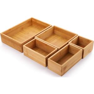 Lawei Set of 5 Bamboo Drawer Organizer Boxes, Desk Storage Box Kit, Drawer Storage Containers Tray Bins for Office, Kitchen, Bedroom, Children Room, Craft, Sewing