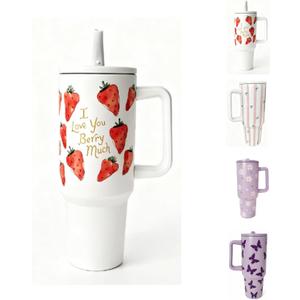 Strawberry 40 oz Insulated Tumbler with Handle,Stainless Steel Double Wall Vacuum Water Bottle, LeakProof Lid & Straw, Keeps Drinks Hot & Cold, Cute Fruit Floral Tumbler for Women