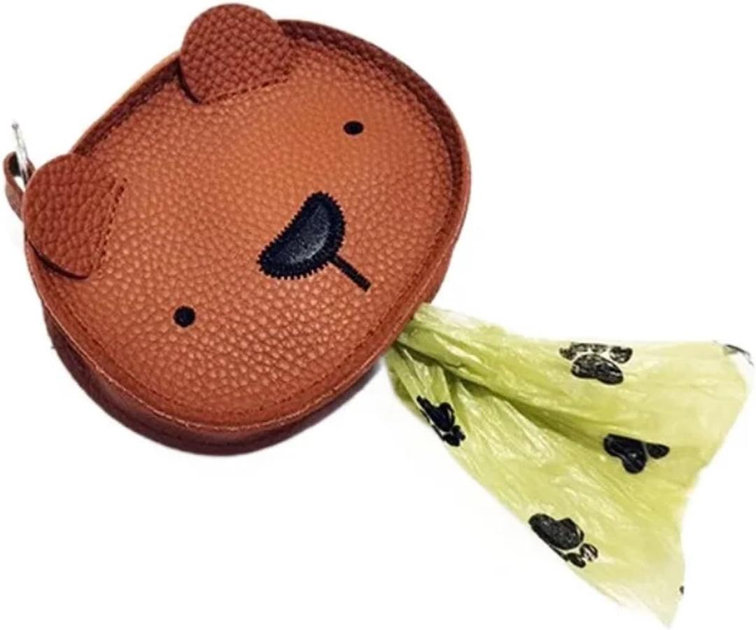 Cute Bear Leather Dog Poop Bag Dispenser Holder with Leash Clip Adorable bear design, smooth leather exterior, water-resistant nylon lining, easy refill, hands-free clip 3 Packs 
