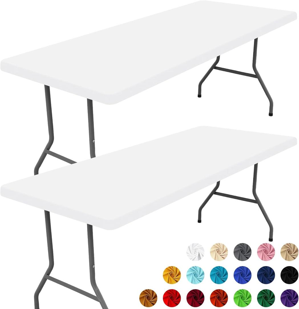 Moosfor Spandex 6 Foot Rectangle Table Cloth 2 Pack, Elastic Fitted Tablecloths for Picnic, Stretch Washable Patio Table Cover for Outdoor, Camping, Banquet and Parties (White, 30"x72")