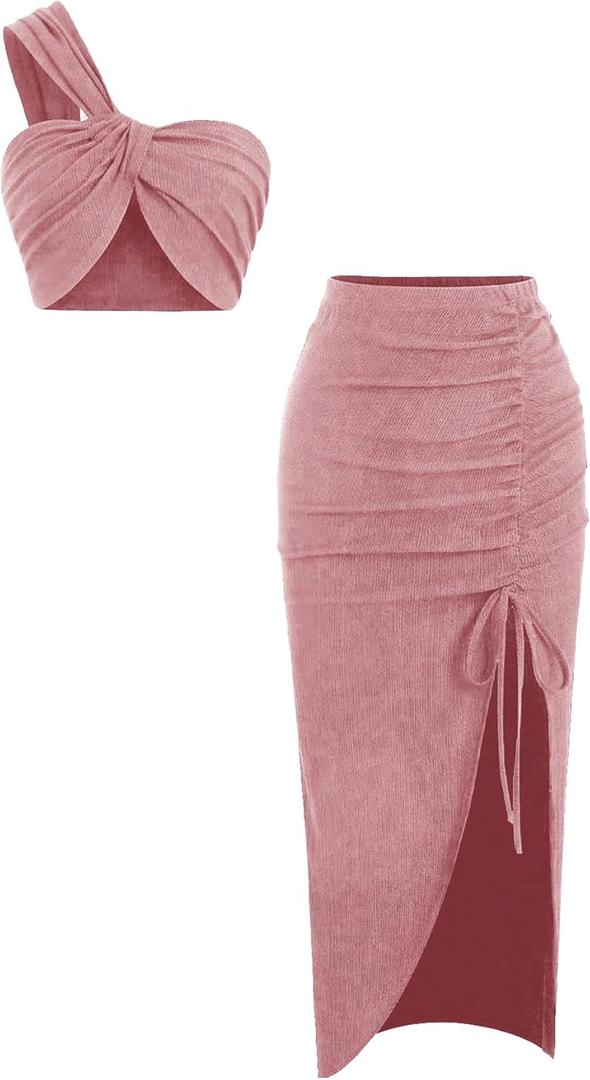 WDIRARA Women's 2 Piece Outfits One Shoulder Crop Tops and Side Split Bodycon Midi Skirt Set (Large, Coral Pink)