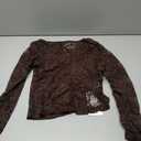 WDIRARA Women's Floral Embroidery Mesh Lace Top V Neck Sheer Long Sleeve Blouse (Medium, Coffee Brown)