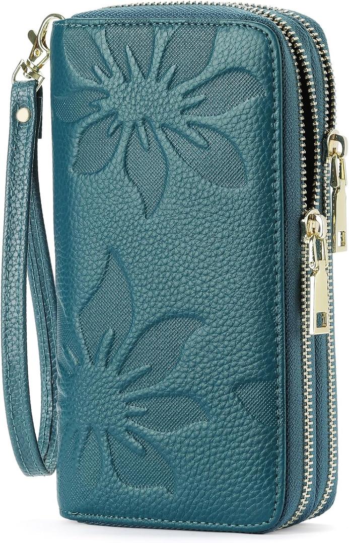 GOIACII Women's Wallet Large Capacity Double Zip Ladies Card Phone Holder RFID Blocking Wristlet Leather (A02 Teal)