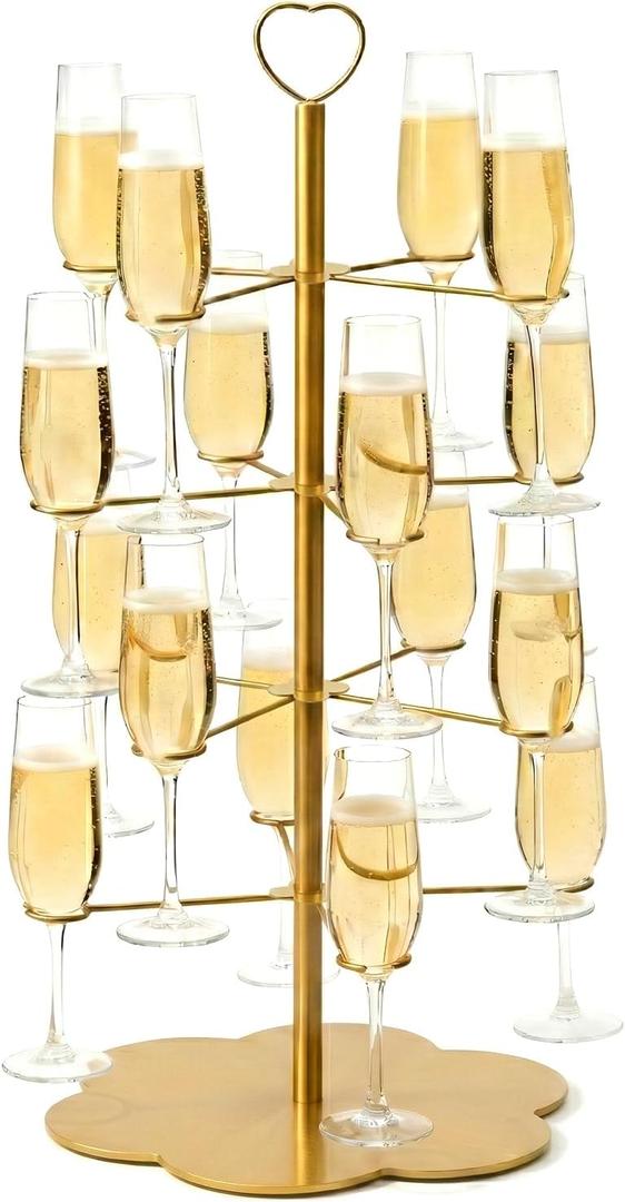 Upgraded 4 Tier 26.5" H Cocktail Tree Stand for Drinks - 16 Glasses Martini Tree Drink Tower - Wine Glass Holder with Heavy Duty Thick Base, Gold Mimosa Bar Stand - Wedding Party Decor