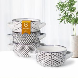 MONITO 16 Ounce French Onion Soup Bowls, 4PCS Reactive Glaze Ceramic Bowls with Handles, Stackable Soup Crocks, Oven/Microwave/Dishwasher Safe, for Cereal, Pasta, Chilli, Beef Stew, White-blue