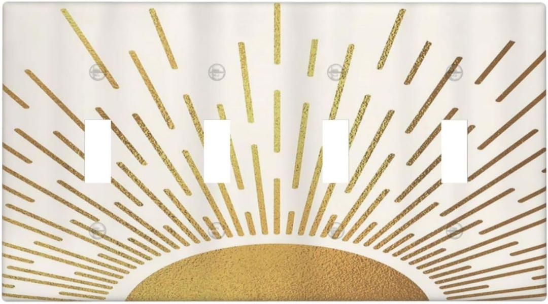 Mid Century Boho Abstract Sunrise Gold Sun Quad Toggle Light Switch Covers Decorative 4 Gang Wall Plate Electrical Faceplate Switchplate for Country Bathroom Bedroom Decor
