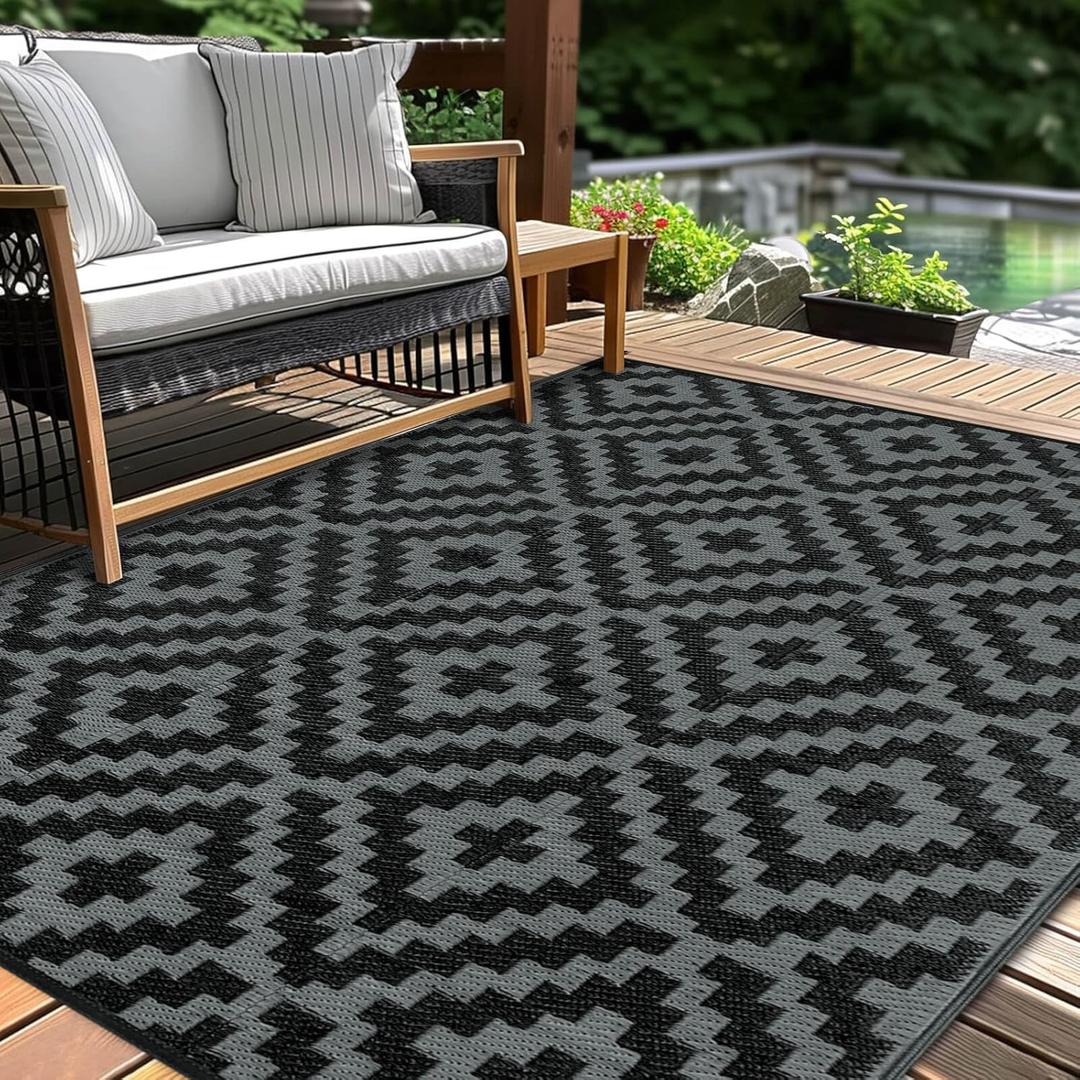 Outdoor Patio Plastic Straw Rug - 6x9 ft Outdoor Camping Rug Waterproof Reversible, Area Carpet Patios Clearance RV, Outside Porch Balcony Deck for Camper, Black & Grey