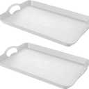2PC White Serving Trays with Handles, 16 x 11.2 inch Rectangular Non Skid Multi-Purpose Plastic OttomanTray for Restaurant, Parties, Coffee Table, Kitchen