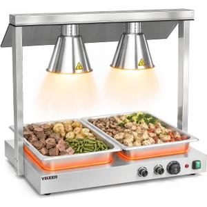 VIKEER Commercial Buffet Warming Station 800W Electric Food Warmer Station with Dual Heat Lamps and Heated Base Adjustable Temp 98-185℉ Independent Switches Stainless Steel for Buffet Catering