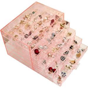 Earring Storage Box Organizer, Acrylic Jewelry Storage Box Holder 5 Drawers Transparent Jewelry Display Stand with 120 Small Compartments Gift Boxes for Women Girls (Clear Pink)