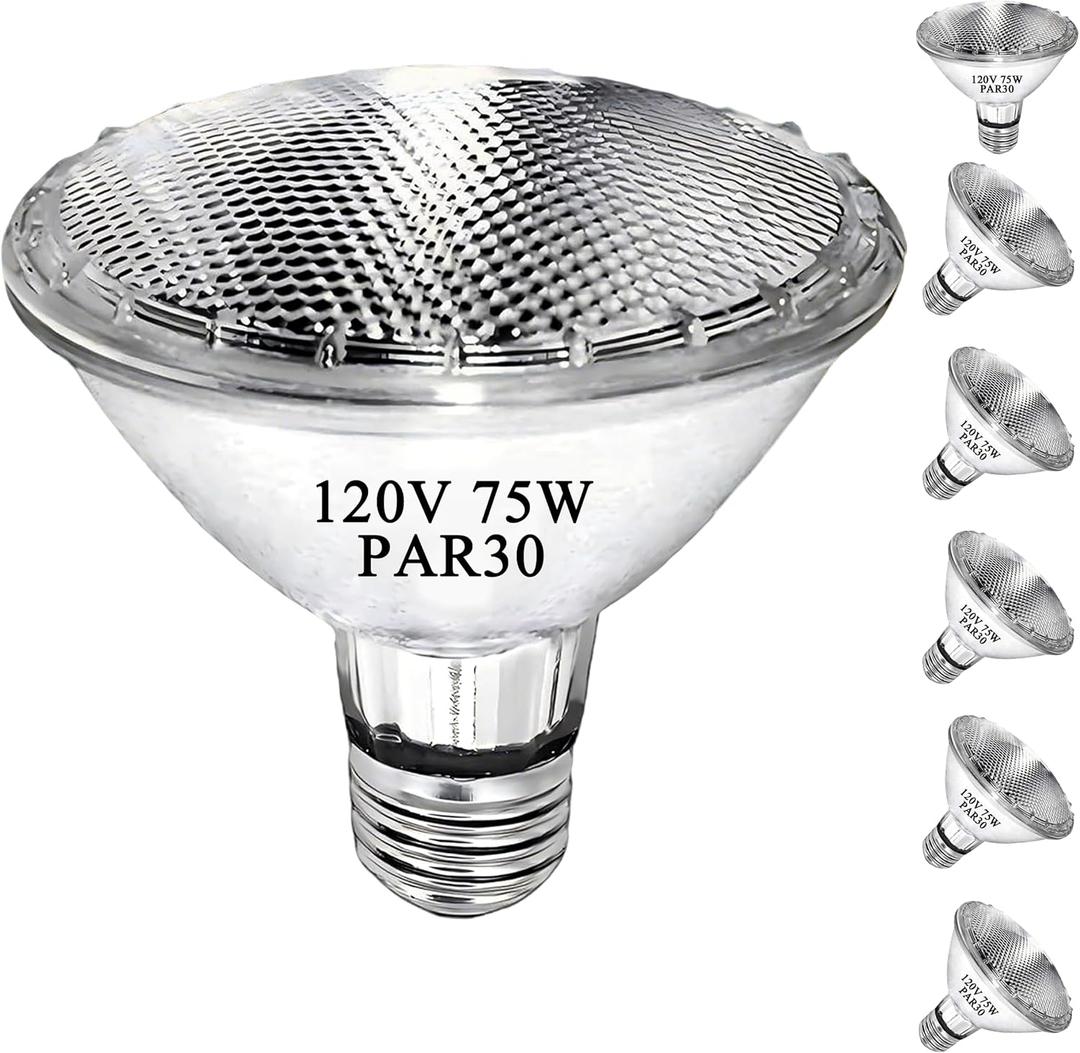 Par30 75W Short Neck Halogen Flood Light Bulbs, E26 Medium Base, 2700K Warm Lighting, 120V, Long Lasting Life High Output Reflector Flood Lights 6PCS