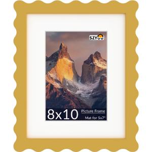 8x10 Wavy Picture Frame with Mat for 5x7, Real Glass and Wooden Frame - Tabletop or Wall Hanging Photo Frame(1 Pack, Yellow)