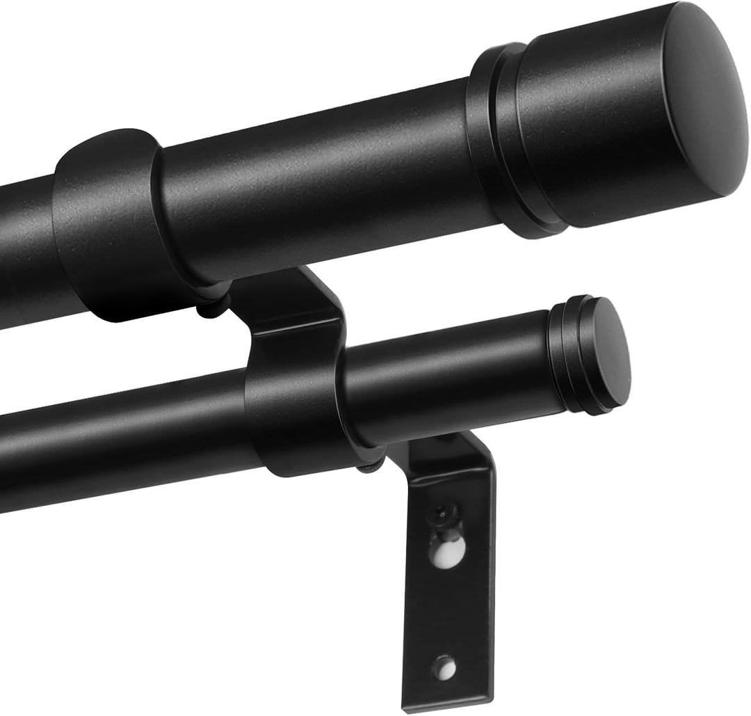 Double Curtain Rod 72 to 144 Inch, HOTOZON 1 Inch Telescoping Double Curtain Rods for Windows, Heavy Duty Double Drapery Rod with Simple Cap Finials, Black