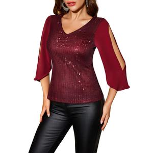 Dressystar Elegant Sequin Tops for Women, V-Neck Long Split Sleeve Blouses for Evening Party, Dressy and Sparkly Bling Shirt Burgundy S (Red, S)