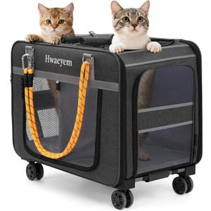 Rolling Cat Carrier for 2 Cats, 24" Large Capacity Pet Carrier with Wheels for Pets up to 40 lbs, Double Compartment Dog Travel Bag with Removable Divider & Telescopic Handle, Foldable(Black, 24inch)