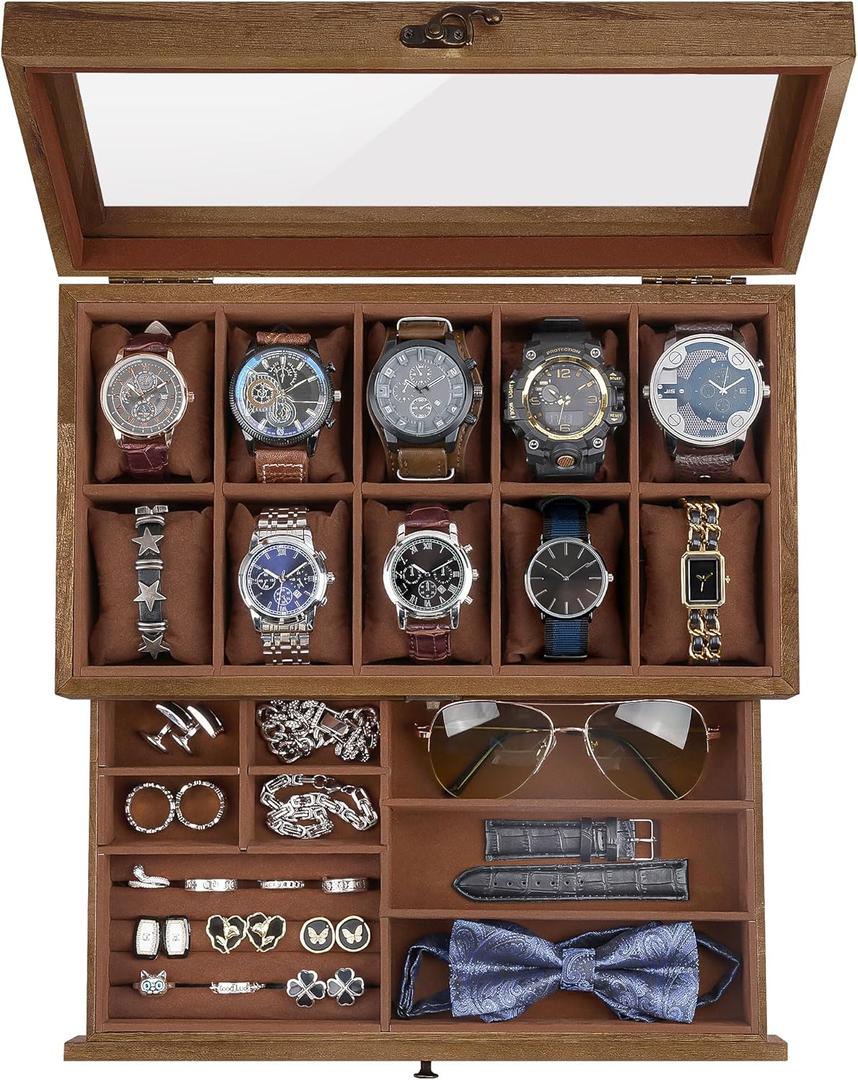 Watch Box with 10 Slots, 2-Tier Watch Case for Large Dial Watches, Watch Display Case with Lid, Removable Watch Pillows, Gifts for Men Women, Watch Organizer with Drawer, Jewelry Box, Walnut