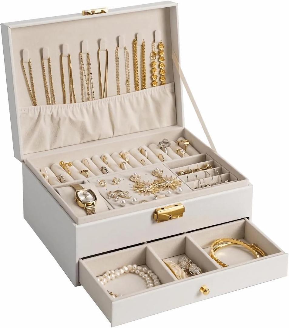 GUOER Jewelry Box for Women Girl Wife - Large PU Leather Jewelry Organizer Storage Case with Two Layers Display for Earrings Bracelets Rings Watches Mother's Day (White)