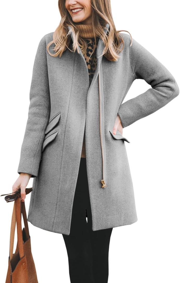 BZB Womens Long Coat Classic Open Front Zip Up Casual Winter Wool Blend Over Pea Coats Long Jackets (Small, Grey)