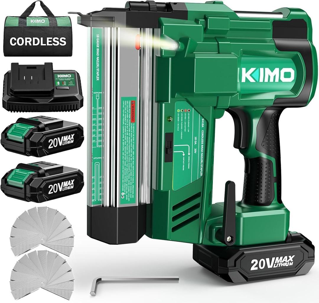 KIMO 2" Brad Nailer Cordless 18 Gauge w/ 20V Battery 2.0Ah X 2, 1000pcs Nails and Staples, 2 Firing Modes,180 Nails/min, Adjustable Nailing Depth, 2 in 1 Cordless Nail Gun and Stapler for DIY Project