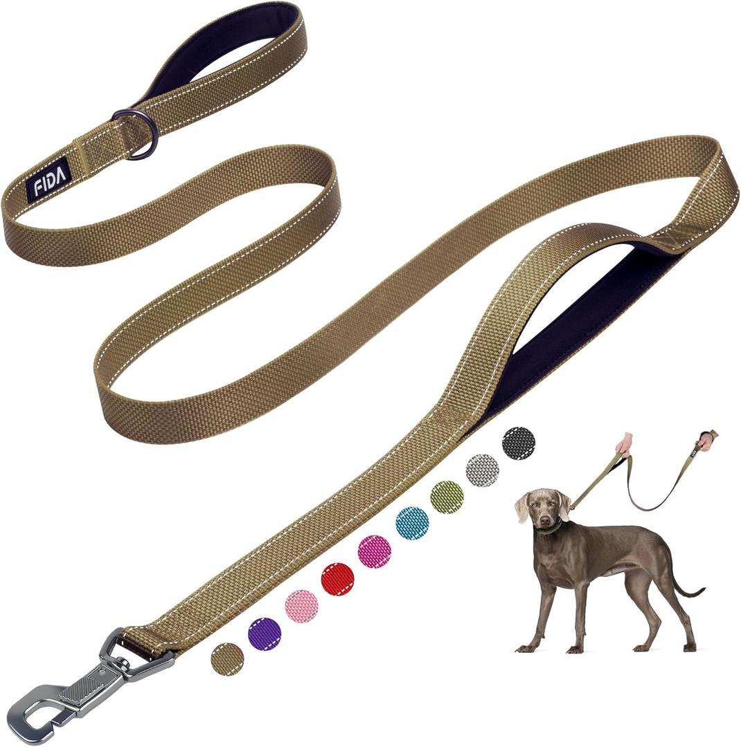 Fida 6 FT Heavy Duty Dog Leash with 2 Comfortable Padded Handles, Traffic Handle & Advanced Easy Snap Hook, Reflective Walking Lead for Large, Medium & Small Breed Dogs, Brown (6 Feet (Pack of 1))