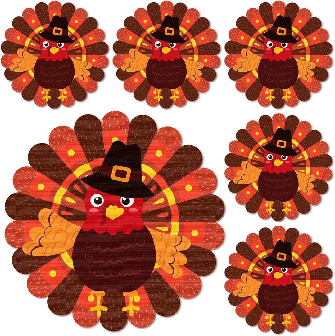 Thanksgiving Turkey Placemats Set of 6, 13.5" x 13.5" Thanksgiving Die Cut Place Mats Turkey Pattern Autumn Table Mat for Fall Holiday Party Festive Kitchen Dining Tableware Decorations