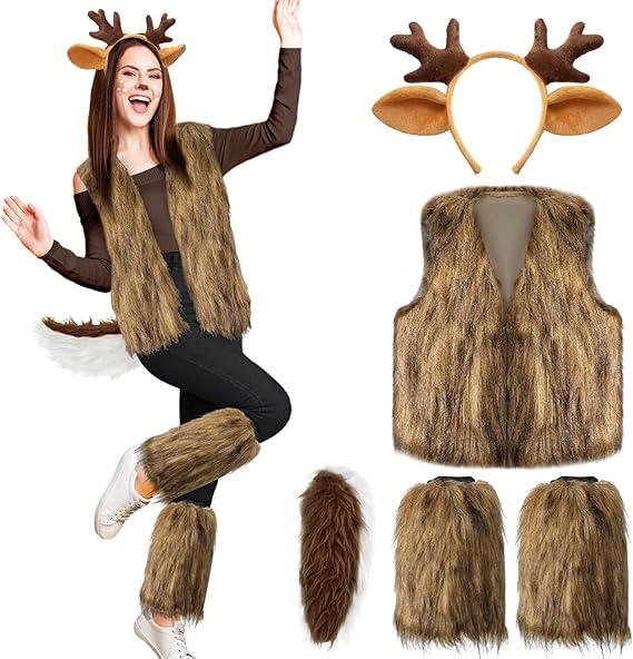 Jenaai Christmas Deer Costume Accessories for Women Deer Furry Plush Vest Tail Antler Headband for Xmas Winter Party Cosplay, Size L