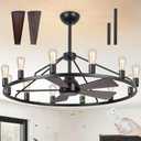 She's home 43" Black Wagon Wheel Chandelier Fan with Light, 12-Lights Large Round Candle Farmhouse Fandelier Ceiling Fan with Light Fixture for Living Room, Dining Room, Height Adjustable, 43in