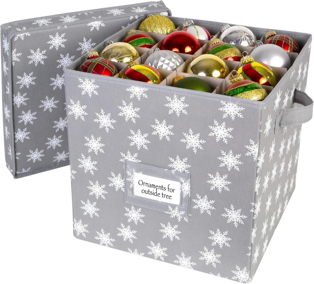HOLDN STORAGE Christmas Ornament Storage Box with Lid - Christmas Decor Storage Containers that Store up to 64 Holiday Ornaments - Grey/White Snowflakes