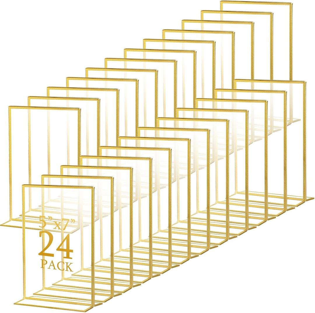 Hoteam 24 Pack Gold Acrylic Sign Holders, Gold Picture Frame, Clear Wedding Table Number Double Sided Acrylic Stand for Wedding Restaurant Photo Menu Art Event Display (5 x 7 Inch,Vertical)