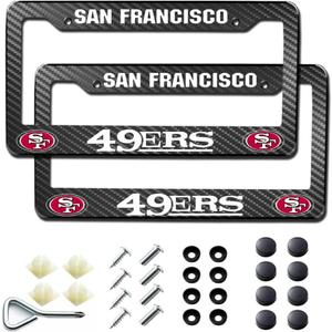 2 Pack Carbon Fiber License Plate Frames for 49ers, Black Aluminum Front & Rear Car Tag Holder Cover, Heavy Duty License Plate Bracket Car Accessories