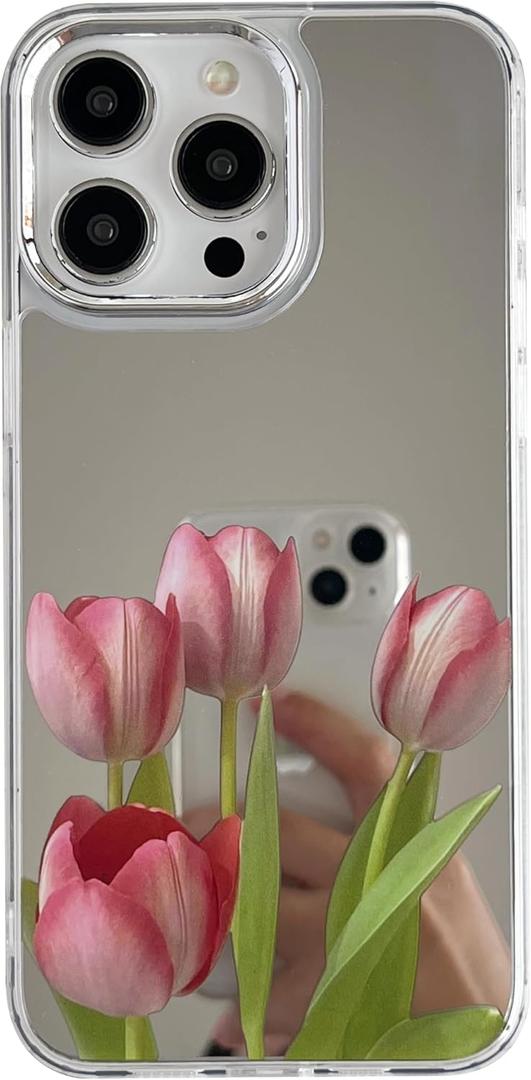 Fashion Tulip Flowers Plating Mirror Phone Case Compatible with iPhone Case (Red, for iPhone 16 Pro Max)