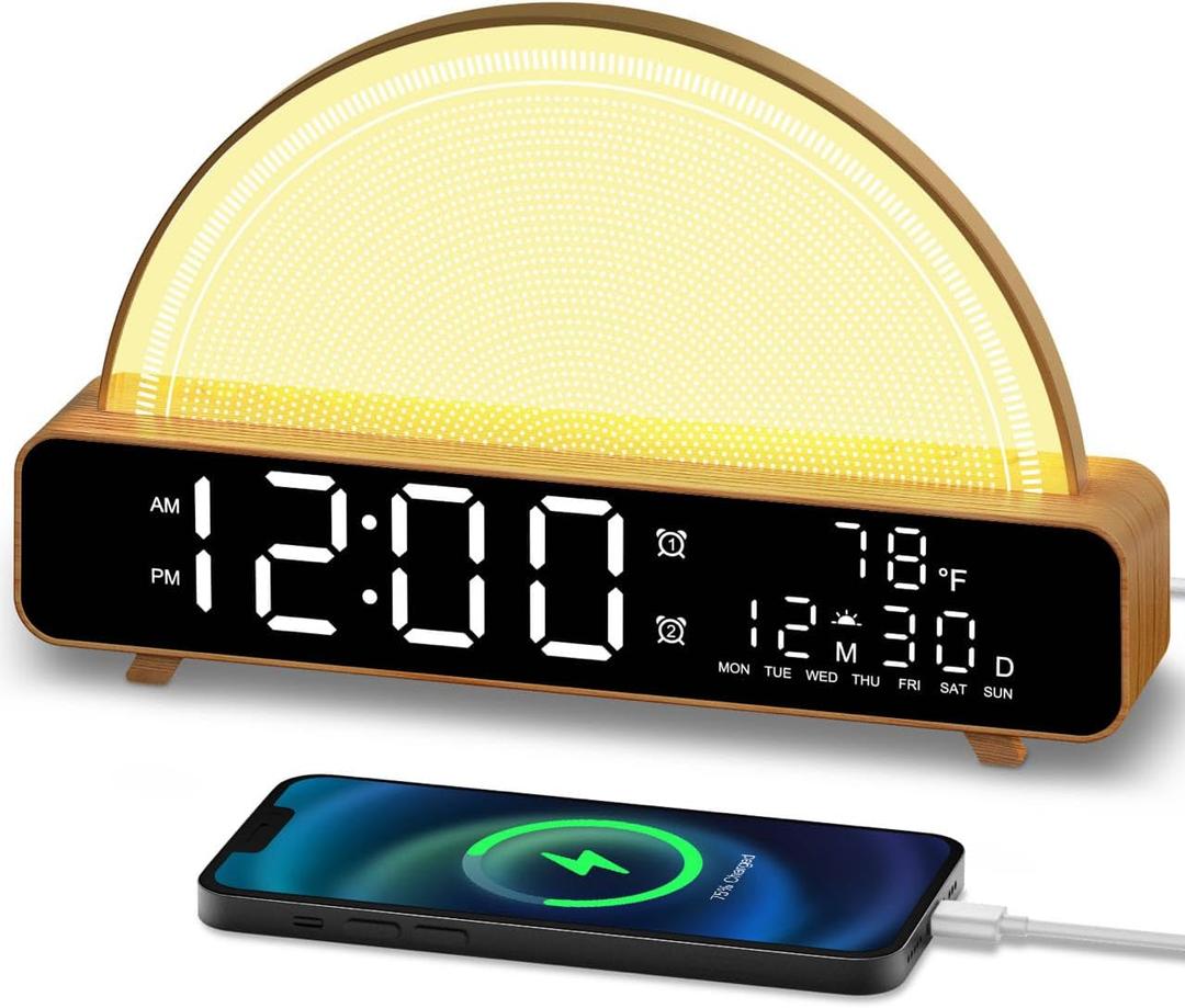 HAODINGMAI Sunrise Alarm Clock Wake Up Light with Sunrise Simulation White Noise Machine Touch Control Bedside Lamps Colors Atmosphere Lamp 30/60/90 Sleep Timer 13 Nature Sounds (Wood)
