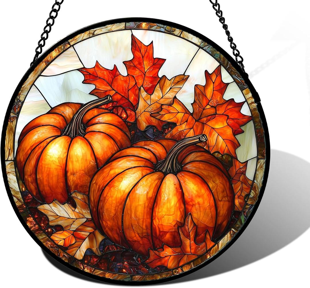 Stained Glass Window Hanging, Pumpkin Maple Leaf Suncatcher for Doors Home Sun Catchers Decoration and Christmas, Mother's Day Birthday Gifts for Women, Men, and Mom 6.3 in (Orange-red)