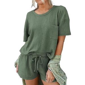 Andeip Pajamas Womens Waffle Knit Lounge Set Short Sleeve Top and Shorts 2 Piece Loungewear Outfits Pj Sets with Pockets L