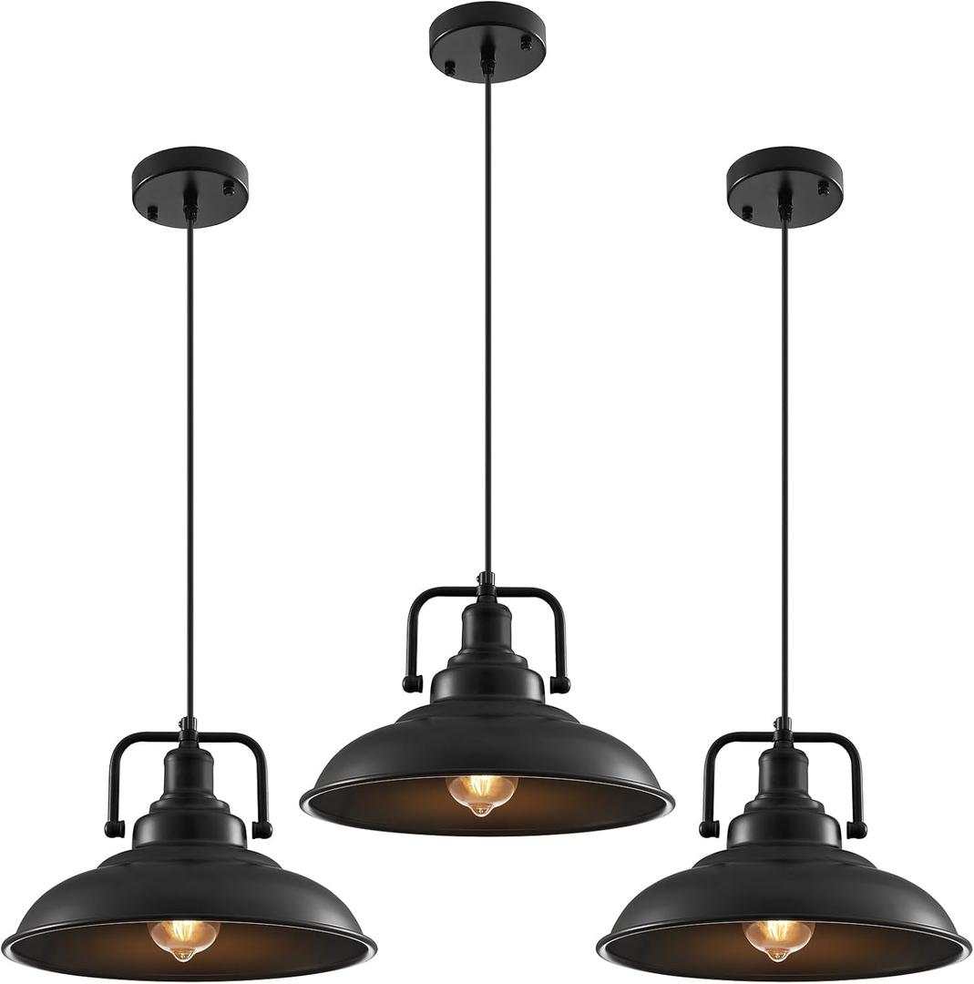 Black Pendant Light 12.5 inches 3 Packs, Farmhouse Pendant Light, Industrial Pendant Lighting, Kitchen Pendant Lights, Pendant Lights Kitchen Island for Dinning Room Entryway Barn