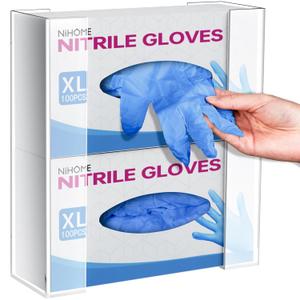 NiHome Multi-Tier Clear Acrylic Wall Mount Glove Box Holder Tissue Box Dispenser for Kitchen, Bathroom, Garage, Lab, Salon, Space-Saving Adjustable Organizer for Gloves, Tissues, Baby Wipes (2-Tier)