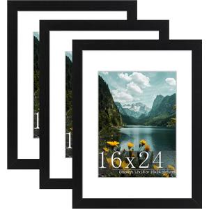 Picrit 16x24 Picture Frame 3 Pack, Black Poster Frame, Display Poster 12 x 18 with Mat or 16 x 24 without Mat for Horizontal or Vertical Wall Mounting