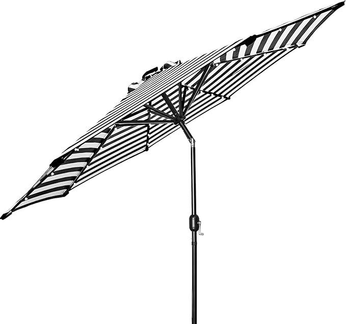 9FT LED Patio Umbrella, Solar Outdoor Umbrellas with LED Lights, Deck Umbrella with Push Button Tilt and Crank, UV Protection Waterproof for Pool, Porch, Garden, Deck, Backyard. (Black & White Stripe)