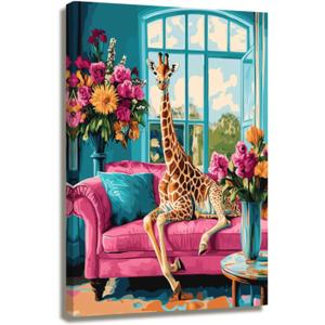 XLMDYYSW Colorful Animal Wall Art Cat Peacock Giraffe Canvas Picture Bathroom Retro Painting Flower Background Prints for Living Room Wall Decor Framed (Yellow, 16.00" x 24.00")