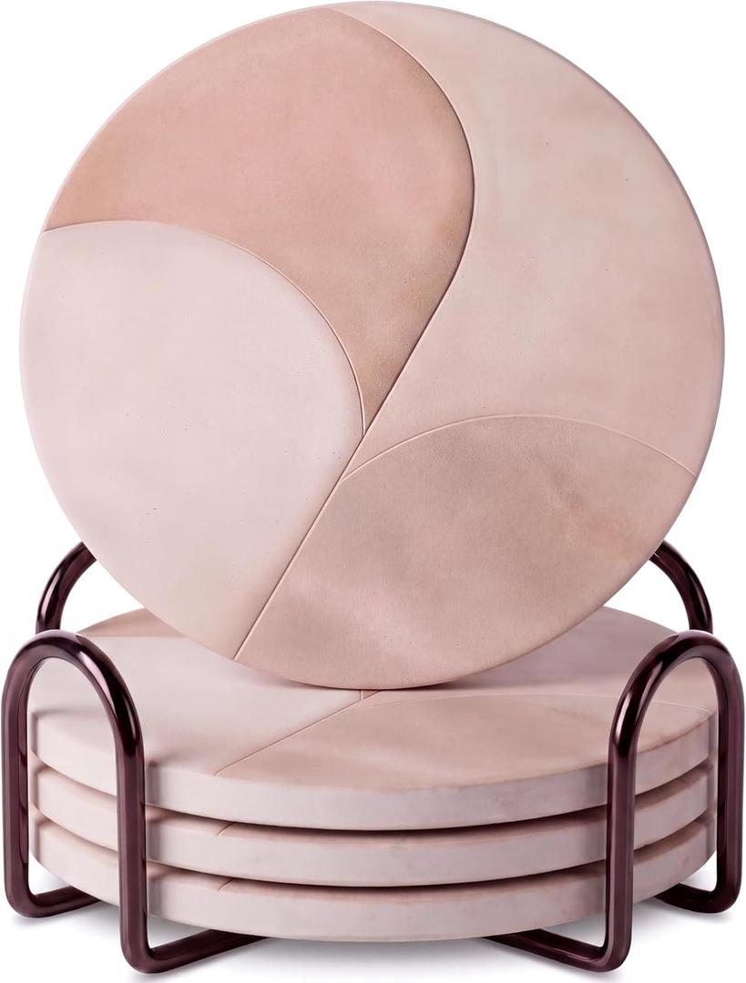 VEYRO Ceramic Coasters Set of 4  Absorbent Stone Drink Coasters with Holder, Non-Slip Cork Backing, Modern Marble Look Coasters for Coffee Table, Desk & Home Decor (Clay 2)