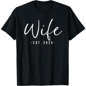 Wife Est 2025 Just Married Honeymoon Wedding Couples T-Shirt, Black, Small 