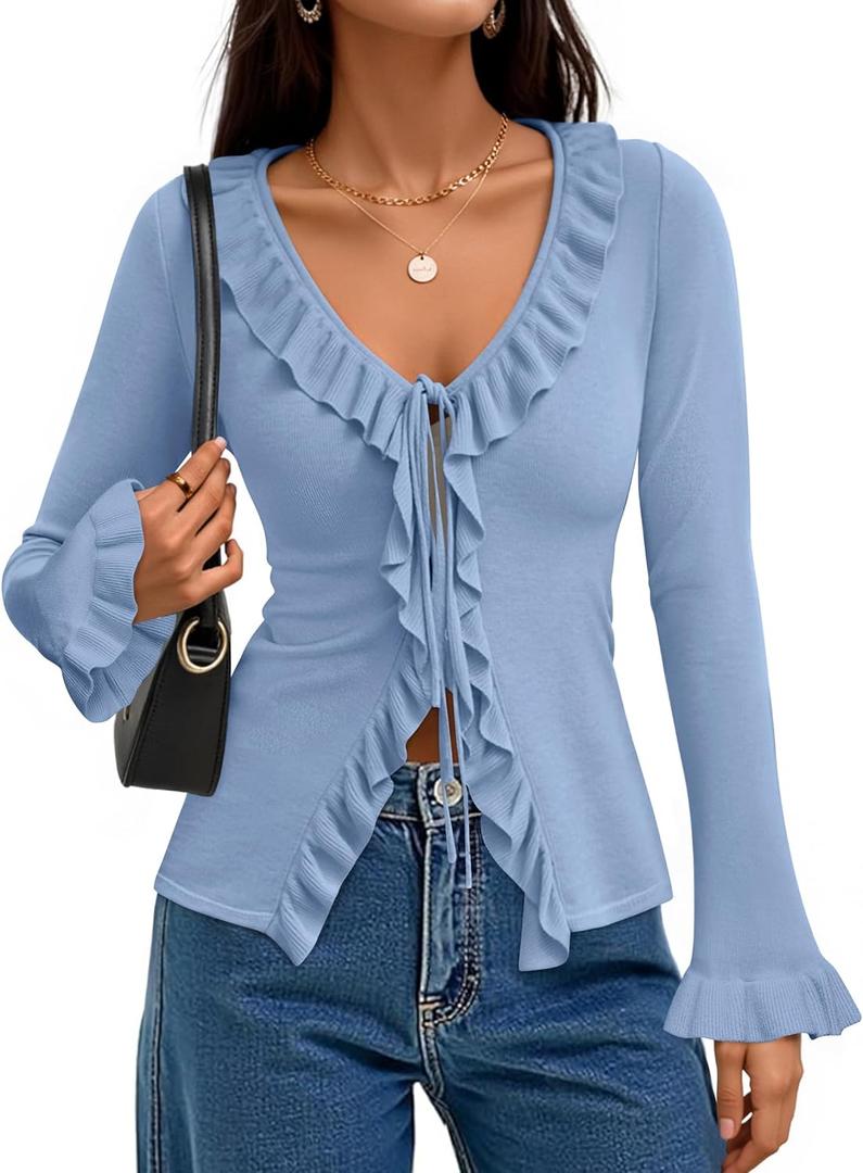 ZESICA Womens 2026 Fall Tie Front Bow Cardigan Sweaters Long Bell Sleeve V Neck Ruffled Knit Cropped Trendy Tops (Medium, Blue)