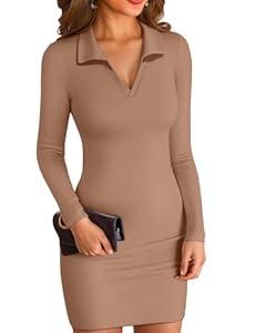 VICHYIE Women Fall Dress Lapel Collared V Neck Bodycon Ribbed Long Sleeve Tight Mid Thigh Pencil Above Knee Mini Polo Dresses Khaki L