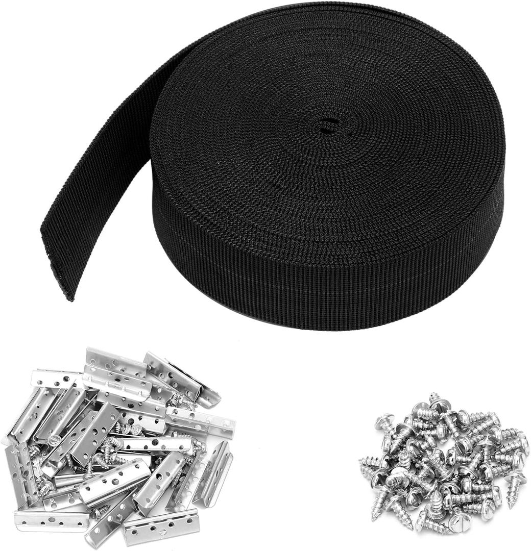 2 Inch Wide x 40 ft Chair Webbing Replacement Kit Upholstery Webbing Elastic Band to Repair Sagging Couch Chair Patio Furniture Metal Clips Patio Strap Repair Kit for Furniture(Black