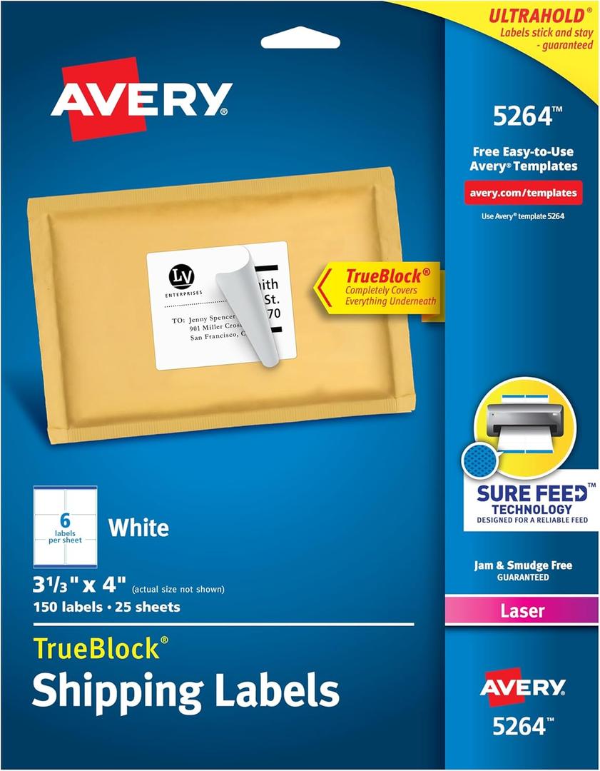 Avery Printable Shipping Labels with Sure Feed, 3-1/3" x 4", White, 150 Blank Mailing Labels (5264)