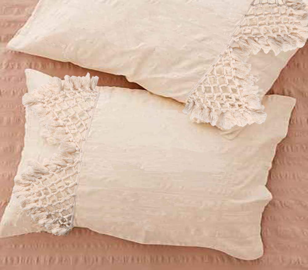 Flber Tufted Tassel Sham Set Lattice Cotton Pillow Covers, 19.7in x35.5in, Set of 2